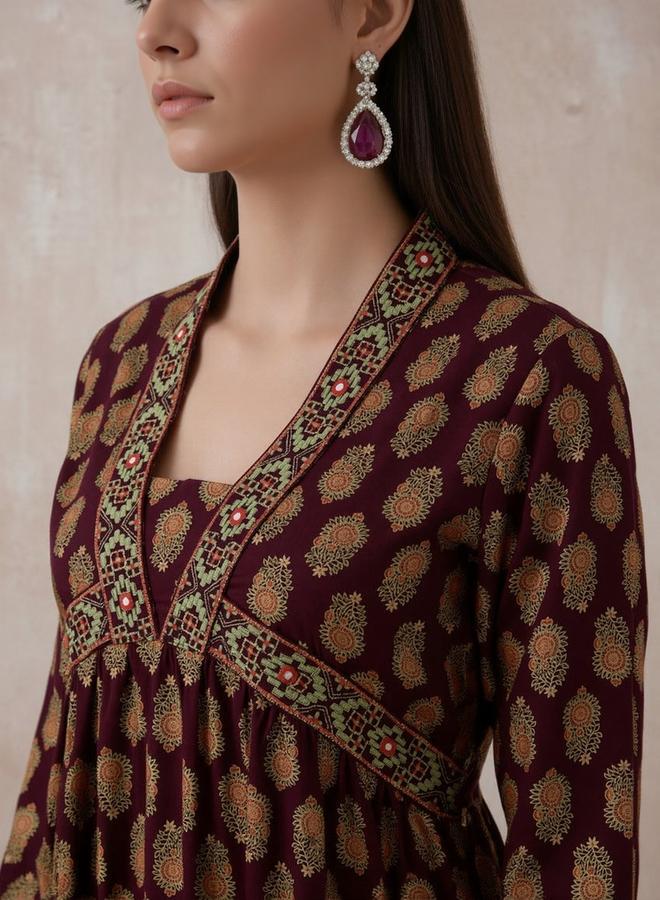 globus Women Wine Embroidered Kurta with Pants Set - Image 3